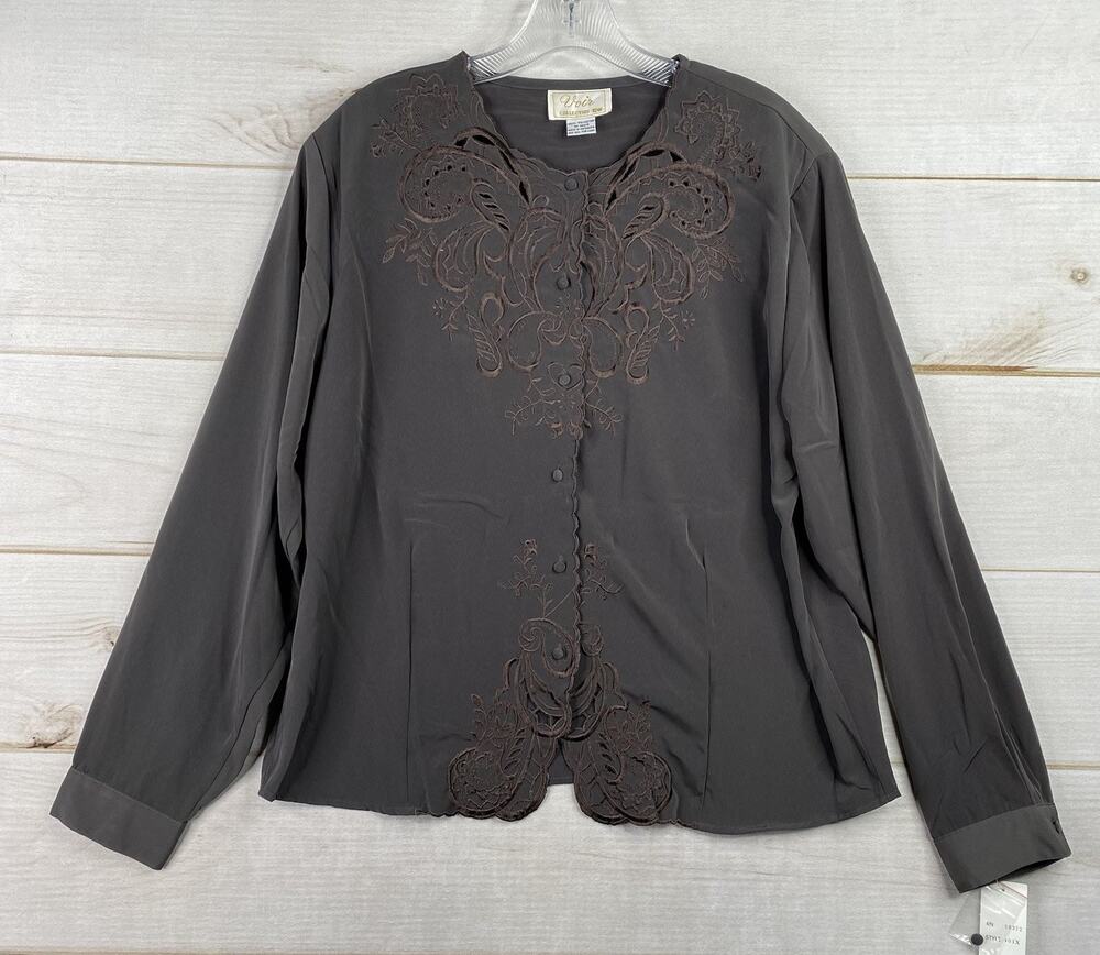 VTG Voir Collection Top Womens 18W Brown Embroidered Button Up Coquette NWT